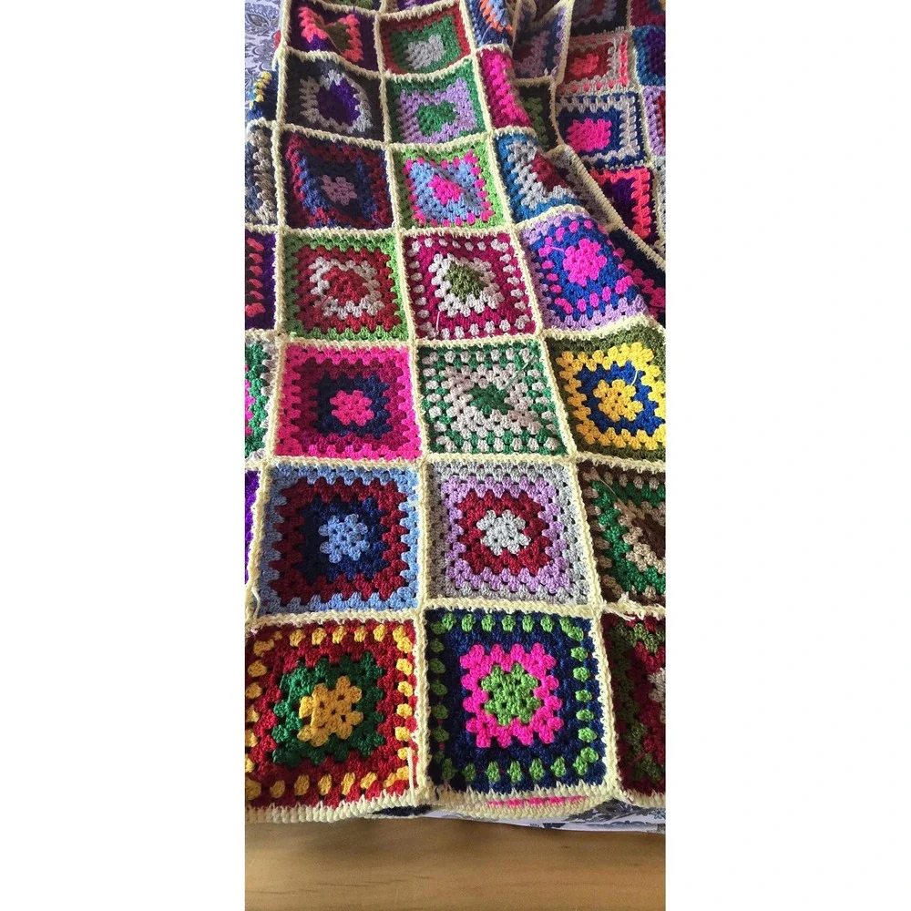 Handmade granny square afghan crochet multi color blanket‎ cottagecore Farmhouse